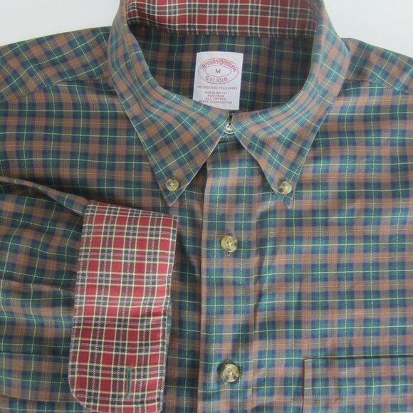 Brooks Brothers Mens M Brown Green Plaid LS Cotton Button Shirt Contrast Cuffs - Picture 9 of 10